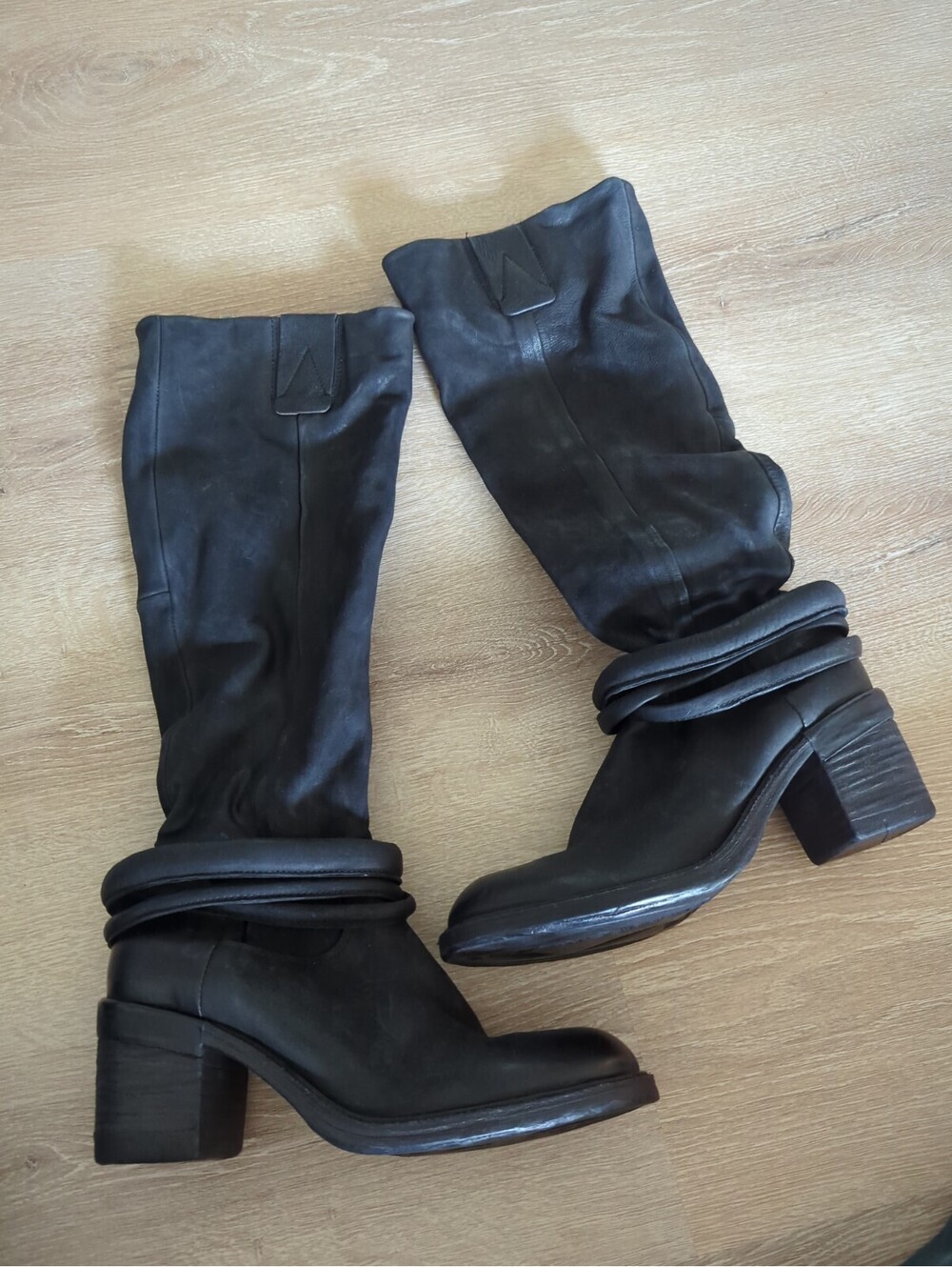 Women’s A.S.98 Black Leather Knee-High Moto Boots Buckle Chain Zip EU 39